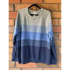 LL Bean Sweater Men's Size Large Striped Blue Gray Cotton Cashmere Blend‎ V-Neck